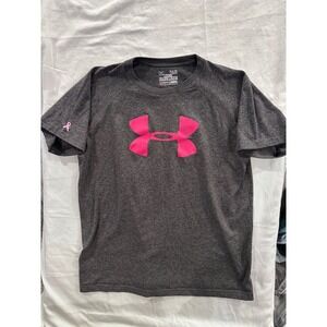 Under Armour Boys YLG Pink Ribbon Breast Cancer Awareness Shirt Gray Unisex